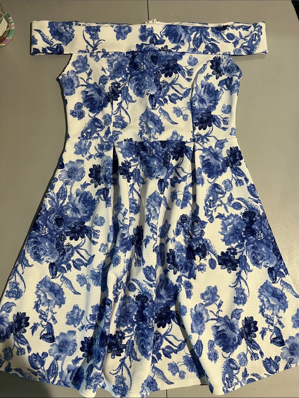 Charlotte Russe White and Blue Floral Off-Shoulder Dress